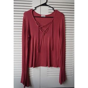 Maroon Lace-up Long Sleeve Top - Free Kisses